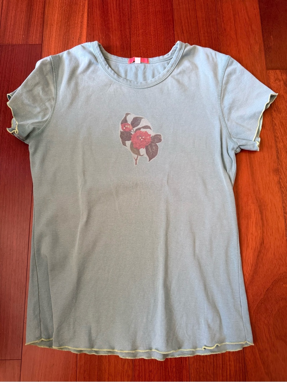 Very Vintage glam Light Blue Short Sleeve Tee with Floral Chest Graphic